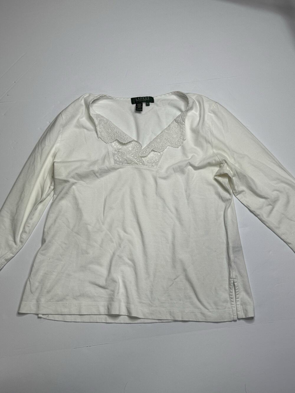 Lauren Ralph Lauren Womens P/L White Lace V Neck Cotton 3/4 Sleeve Top Petite